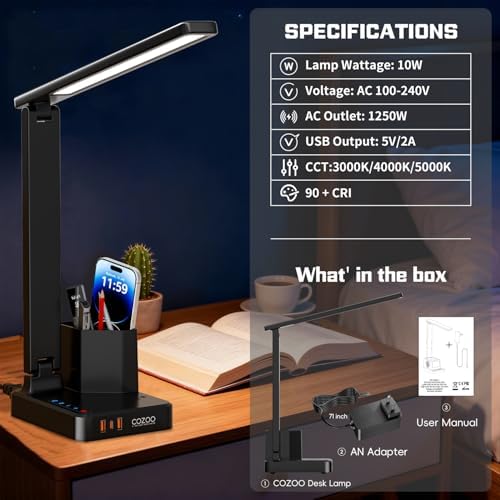 LED Desk Lamps for Dorm Office with USB C Charging Station, 800lm, CRI>90