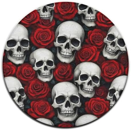 Large Home Decor Mat, Soft Round Yoga Carpet, Non Slip Machine Washable Home Office Circle Rug Floral Horror Rose Skull