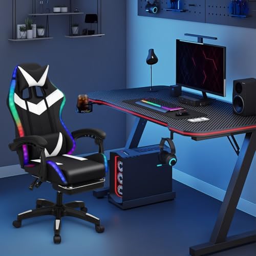 Gaming Chair with 2 Bluetooth Speakers & Lights, Ergonomic High-Back Office Chair with Headrest & 135° Recline, 360° Swivel Height Adjustable Faux Leather Computer Chair for Gaming, Office & Study