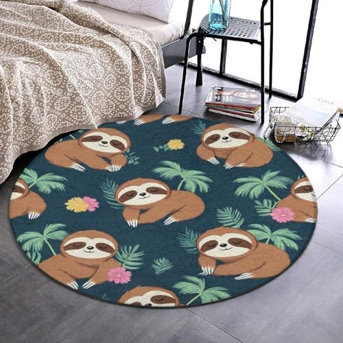 Fashion Round Area Rug Large Non Slip Carpet, Cute Sloths Unisex Home Decor Mat