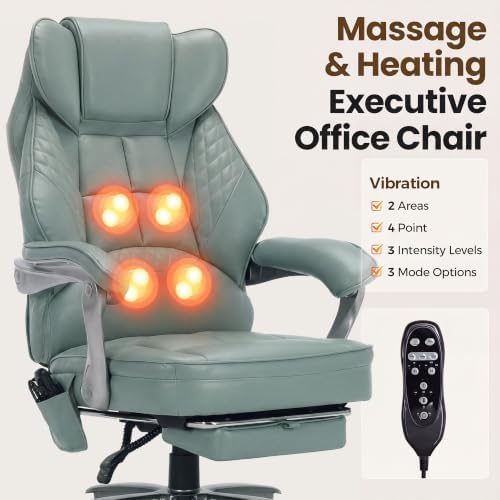 Big and Tall Massage & Heat Office Chair, Ergonomic Gaming Chair, Green