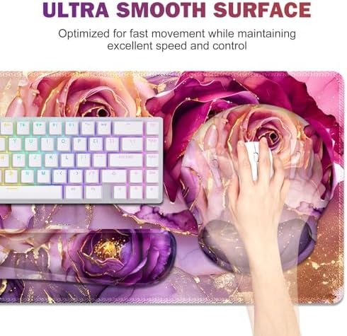 Gaming Mouse Pad Large Desk Mat, Cute Purple Marble Rose Desk Pad Protector