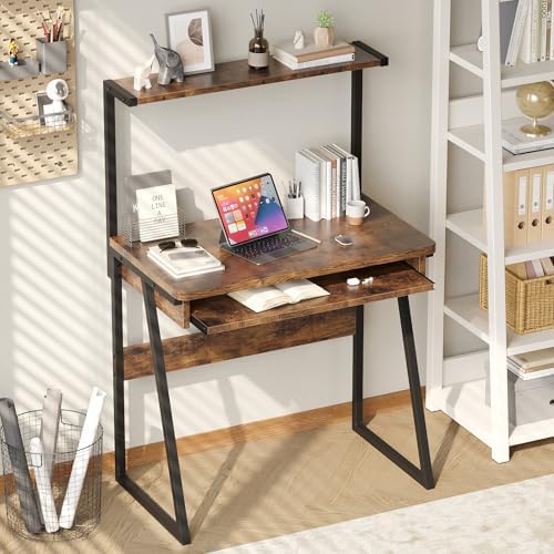 ALISENED 2 Tiers Small Computer Desk for Small Space, Compact Laptop Table Workstation with Keyboard Tray