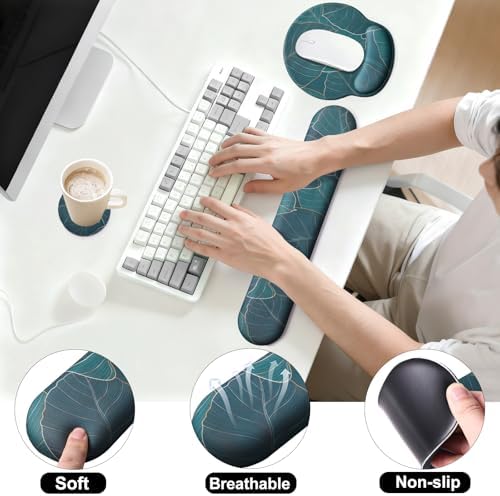 Keyboard Wrist Rest Mouse Pad with Wrist Support, Gaming Mousepad with Non-Slip Base, Ergonomic Mouse Wrist Arm Cushion Support for Home Office Laptop Computer, Easy Typing for Pain Relief, Leaf