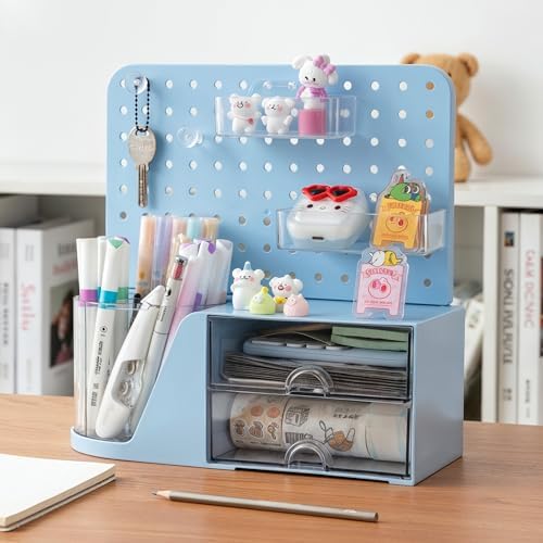 Comix Desk Organizer with 2 Drawer, Blue 360° Rotating Pen Holder for Desk
