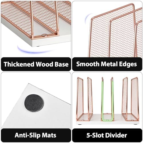 LEKETREE Rose Gold Desk File Organizer, 5-Section Upright File Sorter, Vertical File Folder Holder, Mesh Metal Wood Office Desktop Organization for Document, Magazine, Books and more (Rose Gold)