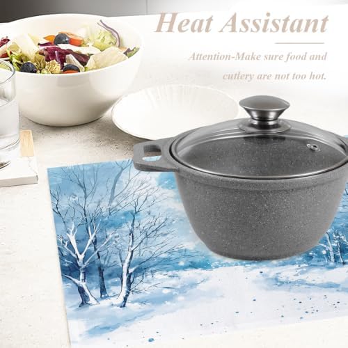 Shrahala Watercolor Winter Landscape Set of 6 12 X 18 Inch Linen Placemats, Blue Snow Fir Snowy Land Burlap Table Mat Washable Double Layered Heat Insulation for Indoor