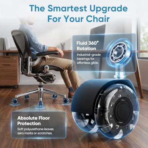 2 Inch Office Chair Wheels(Set of 5)-Heavy Duty Rubber Casters for Hardwood & Carpet, 2200lbs Capacity Universal Fit Smooth Rolling Casters Replacement Black