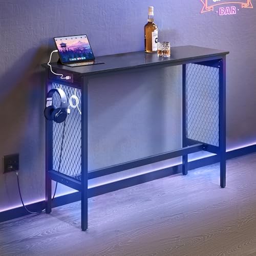 VASAGLE Bar Table with Power Outlets, LED Lights, Computer Desk, 47.2" L