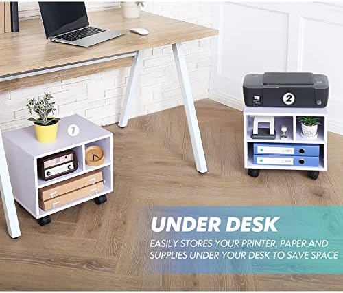 FITUEYES Printer Stand Under Desk, Small Wood Mobile Printer Table, White