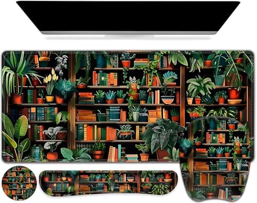 Mouse Pad with Wrist Support 4 in1 Set, XXL Big Game Mousepad + Keyboard Wrist Rest + Mouse Wrist Rest Pad +Coaster Gaming Mat for Home Office Work Computer Laptop PC I Green Vine Book Forest