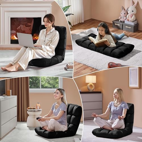 Yaheetech 14-Position Folding Floor Chair with Back Support Black