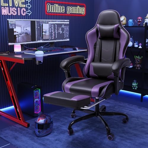 Shahoo Gaming Chair with Footrest and Massage Lumbar Support, Computer Chairs, Video Racing Seat Height Adjustable with 360°Swivel and Headrest for Office or Bedroom, Purple