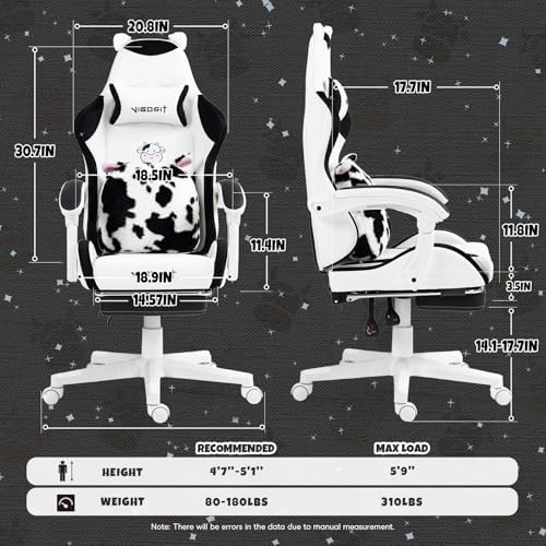 Vigosit Cute Gaming Chair with Footrest - Ergonomic Computer Chair Cow Print Design, High Back PU Leather Office Chairs with Lumbar Support for Adults