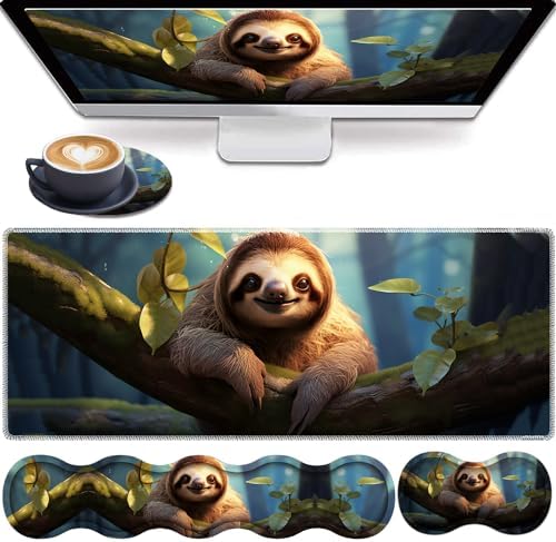 4 in 1 Mouse Pad Combo, Large Gaming Mouse Pad + Keyboard Wrist Support + Mouse Wrist Rest + Coaster, Table Pad with Stitched Edge Ergonomic Wrist Pad Set, Sloth