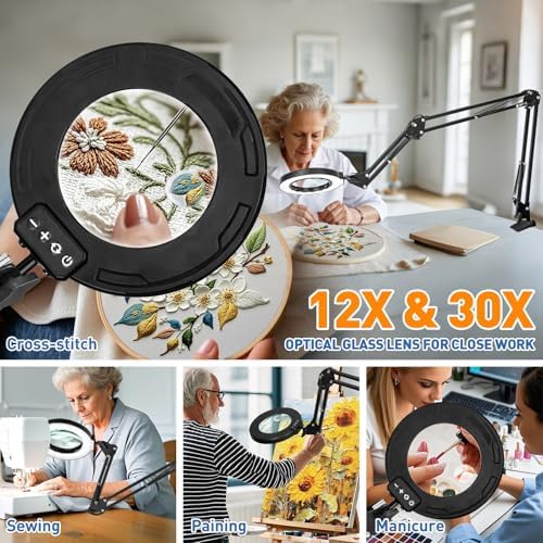 HITTI 30X & 12X Ultra Long Magnifying Glass with Light and Clamp