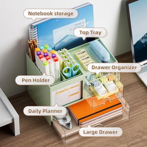 Marbrasse Desk Organizer with 3 Drawer, Multi-Functional Pencil Pen Holder for Desk, Desk Organizers and Accessories with 4 Compartments, Desktop Organizer Storage for Office Home Supplies (Green)