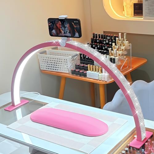 Large 29-inch Half Moon Light for Nail Desk,48W Lamp for Nail Desk with Hand Pillow and Phone Holder, Nail Desk lamp Pink for lash Eyelash Extension,Color Temperature 3000K-6000K (Pink)