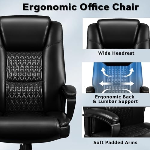 Executive Office Chair, High Back Ergonomic Desk Chair with Lumbar Support, Adjustable Big and Tall Computer Chair, 360° Swivel, PU Leather, Black