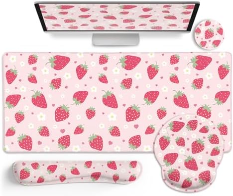 LIMKRIAN Strawberry Mouse Pad Large Desk Mat Set, Pink Ergonomic Mouse Pad
