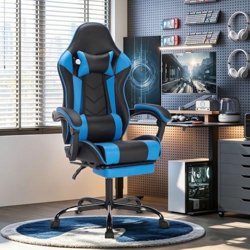 Big and Tall Gaming Chair with Footrest, Ergonomic Computer Desk Chair with Lumbar Support & Headrest, High Back PU Leather Gaming Office Chair, Reclining Swivel Task Chair for Office or Gaming