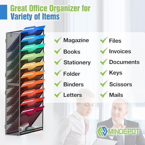 MINDEPOT 11 Tier Wall File Holder Hanging Wall Mount Paper File Organizer for Mails Folders Document Magazine Organization, for Office School Home, Black