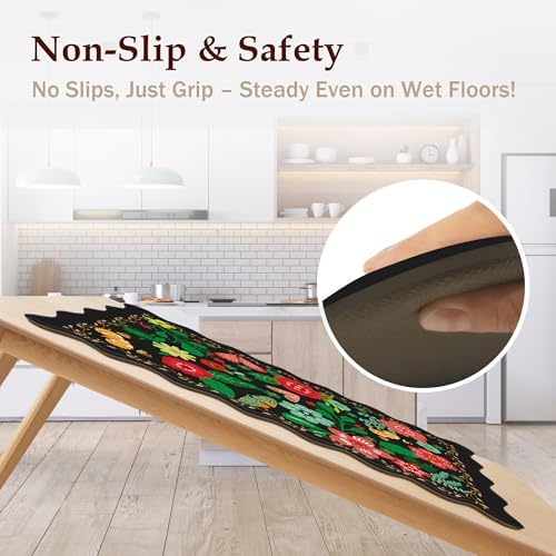 Arenarug Scalloped Black Kitchen Mats for Floor Cushioned Anti Fatigue Kitchen Mats Rugs Waterproof Non Slip Farmhouse Boho Floral Comfort Foam Standing Mat for Sink Laundry, 17.3x47
