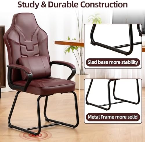 Leather Office Guest Chair No Wheels High Back Computer Reception Chairs with Padded Arms Waist Pillow for Gaming Meeting Conference Waiting Room, Red