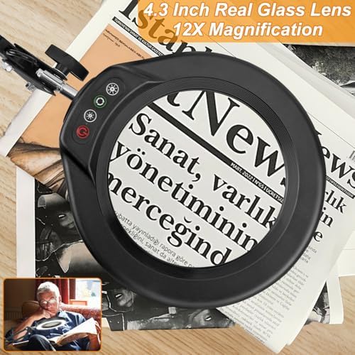 12X Large Magnifying Glass with Light and Clamp, Real Glass, 5 Color Modes, Stepless Dimmable, 2 x 16 Inch Adjustable Swing Arm Stand Desk Lamp, LED Lighted Magnifier Hands Free for Close Work, Hobby