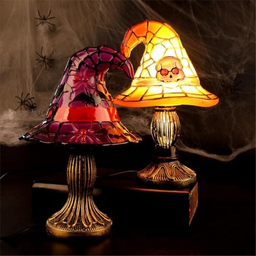 Stained Glass Witch Hat Lamp, Handcrafted Resin Halloween Witch Lamp (Purple2)