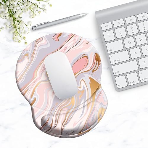 Ergonomic Wrist Support Mouse Pad - Comfortable Computer Mouse Pad with Non-Slip PU Base for Home Office Working Gaming (Pink Fantasy Gilt Marble)