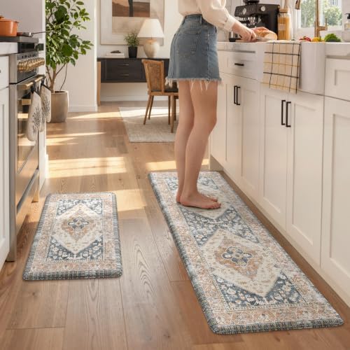 KIMODE Anti Fatigue Kitchen Mat 2PCS,Non-Skid Waterproof Kitchen Rugs Gold
