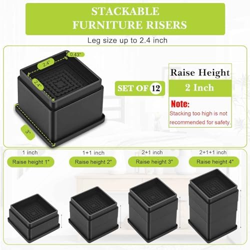 12 Pack Furniture Risers 2 or 4 Inch, Adjustable Bed Risers Heavy Duty for Table Desk Couch Chair Sofa Cabinet Bed Frame Dorm, Square Stackable Table Leg Risers Lift Height 2" or 4", Black