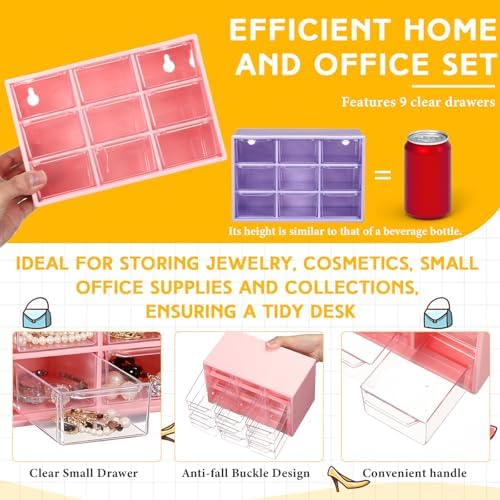 Wenqik 2 Pcs Mini Storage Drawers with 9 Clear Drawers, Purple, Pink