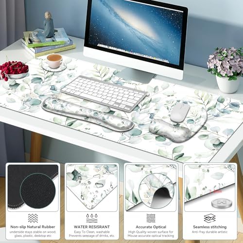 Large Mouse Pad with Wrist Support 4in1 Set, XXL Big Game Mousepad +Keyboard Wrist Rest+Mouse Wrist Rest+Coaster with Ergonomic Design Gaming Mat for Home Office Computer I Eucalyptus Branches