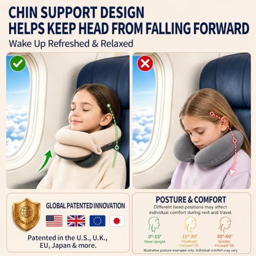BUYUE Kids Travel Pillows for Airplane, Memory Foam 360° Head Support Sleeping Essentials for Long Flight, Skin-Friendly Soft Neck Pillow for Traveling in Car Seat, (Small, Beige Grey, 40-90 lbs)