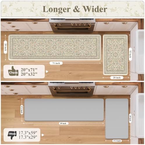 KIMODE Anti Fatigue Kitchen Mats for Floor, Farmhouse Kitchen Rugs Sets of 2, Cushioned Kitchen Floor Mats, Beige Bathroom Rugs Non Slip for Sink Home Decor Laundry Office Bedroom 20"x71"+20"x32"