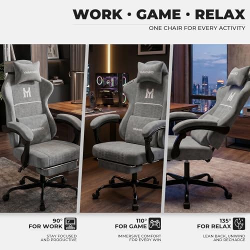 Gaming Chair with Footrest, Ergonomic Computer Chair with Lumbar & Headrest Support for Adults, High Back Office Desk Chair with 360°Swivel Wheels for Game and Work, Breathable Fabric，Grey