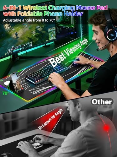 Mouse Pad with Foldable Phone Holder & Wireless Charger, XXL RGB Gaming Mousepad 31.5"x15.8" Large Desk Mat for Keyboard, Black Desk Pad with Dual Qi Charging Station | 11 Colors 5 Modes