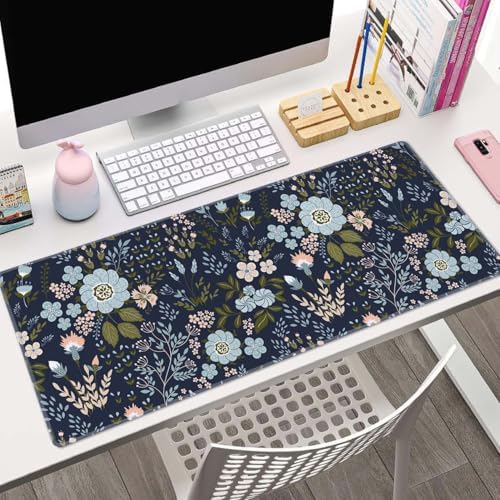 Floral Desk Mat Dark Vintage Aesthetic Desk Pad Flower Plant Blue Extended Mouse Pad Large Gaming Mousepad XL Laptop Computer Mouse Keyboard Mat 31.5 x 11.8 in for Office Desk Decor