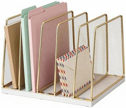 LEKETREE Gold Desk File Organizer, 5-Section Upright File Sorter, Vertical File Folder Holder, Mesh Metal Wood Office Desk Organizer for Document, Magazine, Books and more (White and Gold)