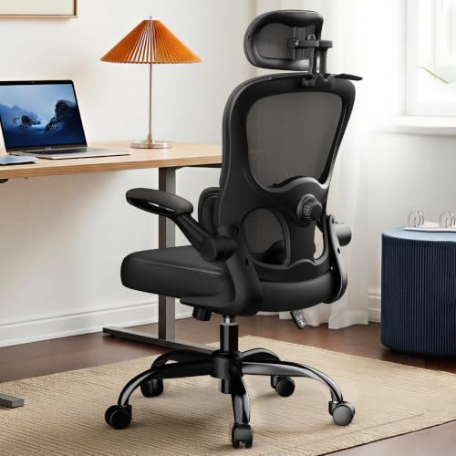 VUSIGN Ergonomic Office Chair, High Back Mesh Desk Chair with Adjustable 3D Headrest & Lumbar Support, Flip-Up Arms, 300lbs Wide Seat Swivel Rolling Computer Gaming Chair, for Home Office - Black