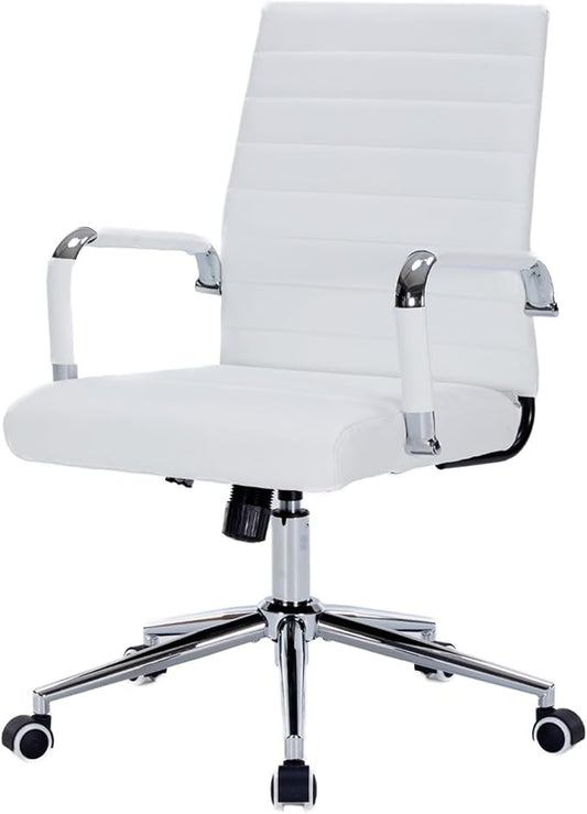 White Leather Ribbed Office Desk Chair, Ergonomic Mid-Back Executive Conference Room Chairs with Wheels, Adjustable Swivel Computer Task Chair with Arms and Thick Padded Seat