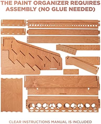 Wall Paint Holder - Works for Warhammer 40K, DnD, Other Figurines - 65 Holes for Vallejo, Citadel, Tamiya, 30 Brush Holes, 2 Drawers, a Shelf, a Brush Tray - Plywood Rack for Wall and Desk