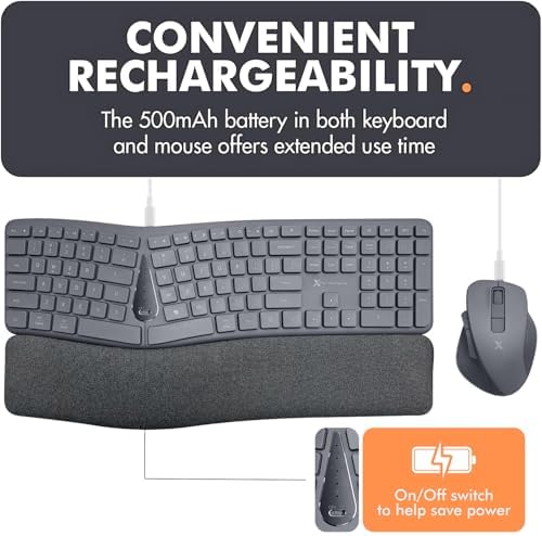 X9 Gray Ergonomic Keyboard and Mouse Wireless Combo - Split Keyboard and Mouse Set, Bluetooth/2.4G, Soft Wrist Rest, Rechargeable, Silent Keys, Multi-Device for Laptop, PC, Mac, iOS, Android