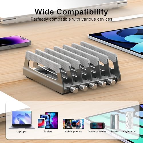 Elestoria 6-Slot Vertical Laptop Stand & Holder –Adjustable Aluminum Laptop Stand Vertical for Desk Fits 6 Devices, MacBook & Gaming Laptops (Up to 17.3”)–Space Saving Laptop Storage Rack - Grey