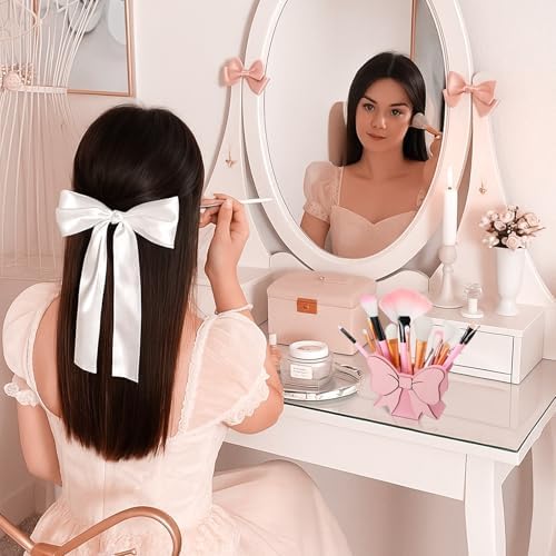 Tenceur Pink Bow Pen Holder for Desk Large Capacity Pencil Holder for Girls