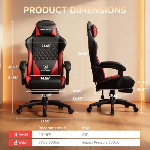 GTPLAYER Gaming Chair, High Back Leather Computer Gaming Chair with Footrest, Ergonomic Height Adjustable Office Chair with Removable Cover and Lumbar Support for Gaming & Work,RED