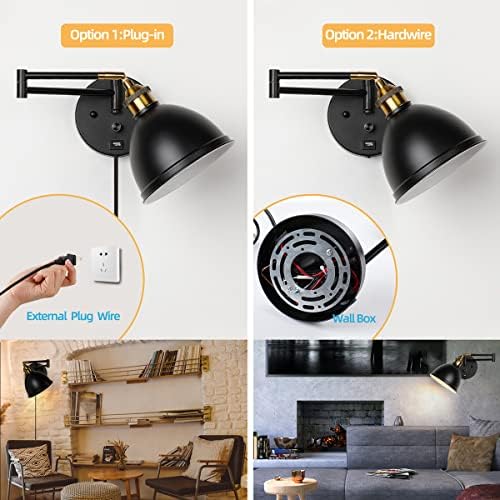 Swing Arm Wall Sconces, Plug-in Wall lamp,Bedroom Wall lamp ， White Fabric Shade，，with dimmable Switch and USB Charging Port, Suitable for Bedside, Living Room, Reading (Metallic Black)