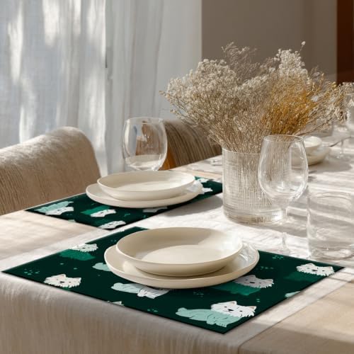 Shrahala Cute Dog in Dark Green Placemats, White Dogs Spots Table Mat Linen Burlap Washable Double-Deck Heat Insulation for Dining/Kitchen Table Set of 8 (12 X 18 Inch)